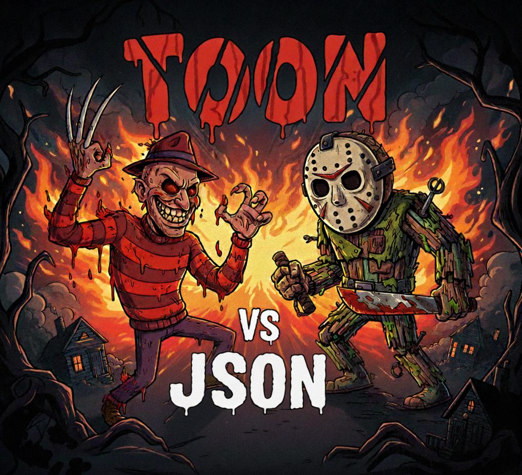 Illustration comparing TOON and JSON data formats with horror movie characters
